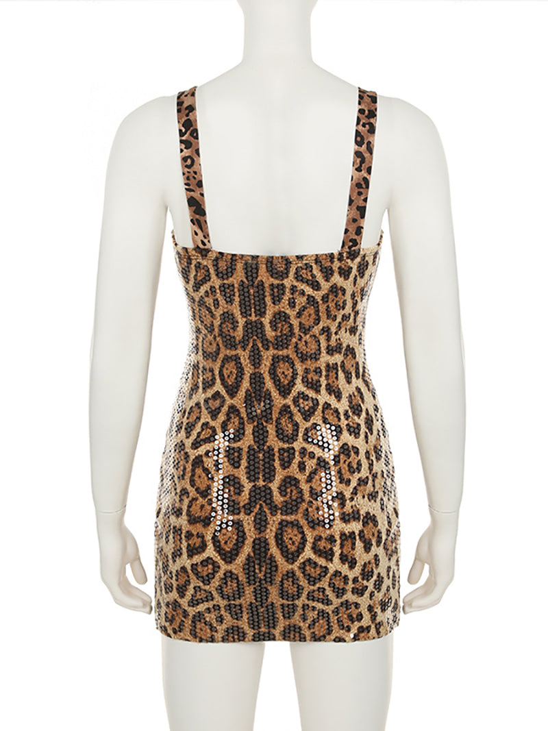 Fashion Leopard Print Sequin Slim Dress