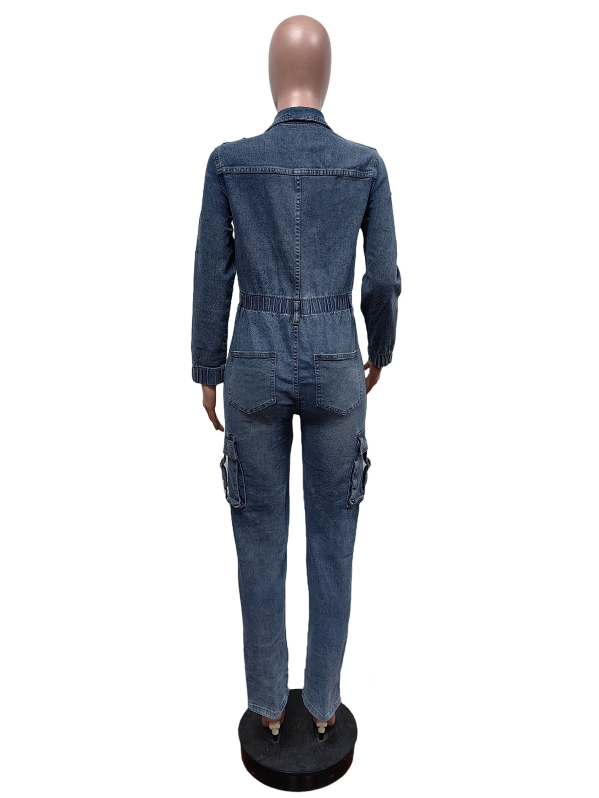 Washed Denim Multi Pocket Cargo Jumpsuits