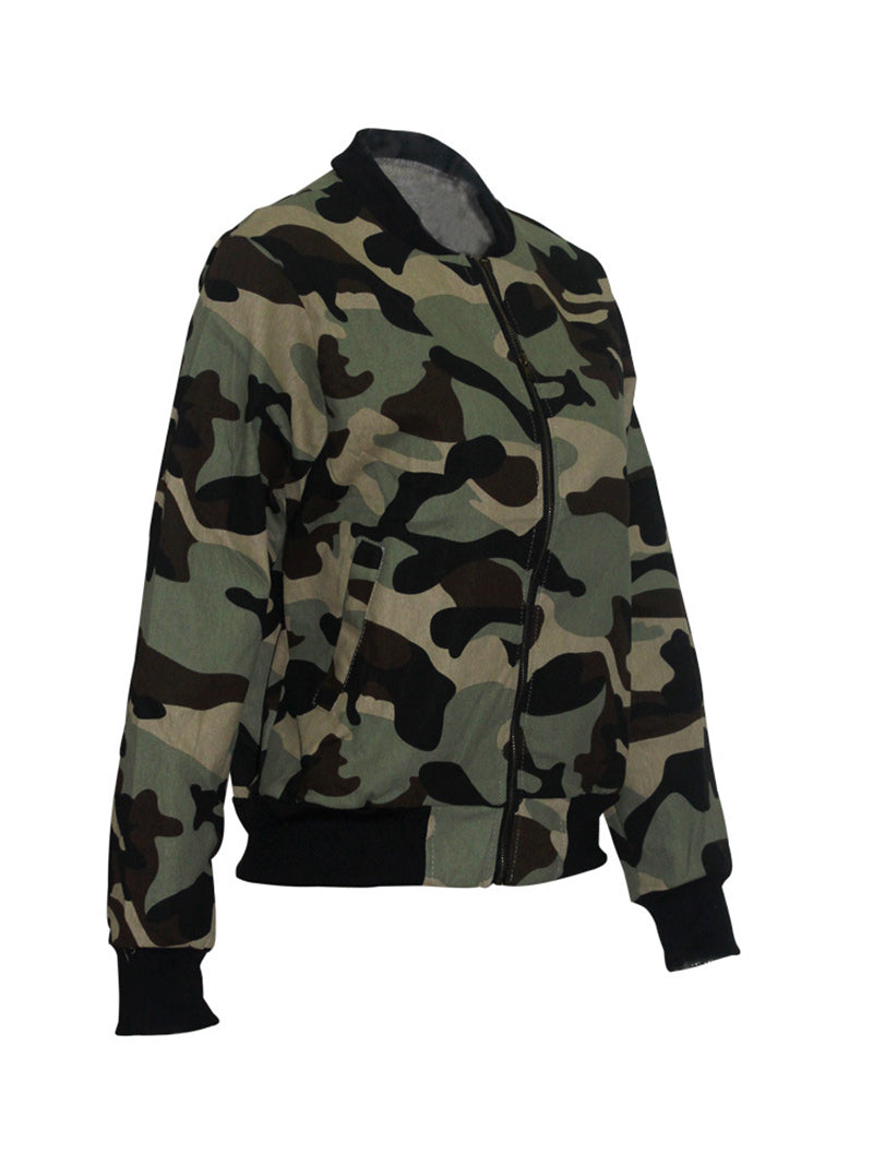 Camo Print Jacket Casual Zip Long Sleeve Coats