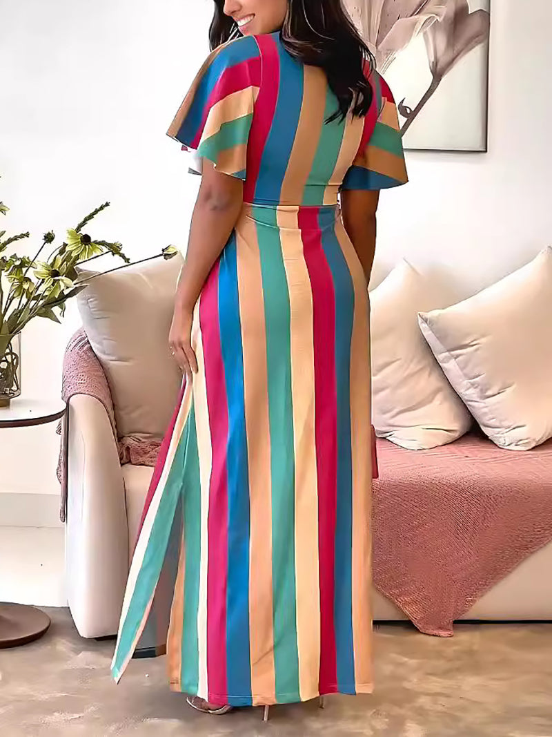 Striped Print Lace-Up Bow Slim Waist Maxi Dress