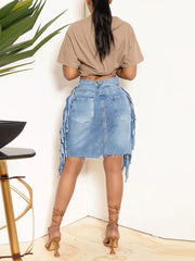 Casual High Waist Fringe Denim Skirt