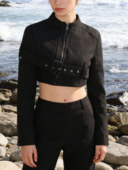 Fashion Band Collar Plain Belted Crop Zip Jacket