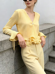 Fashion V Neck Flare Sleeve Ruffle Slim Shirt Top