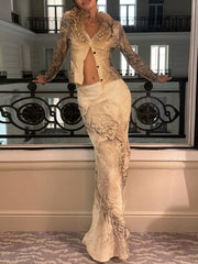 Faux Fur Collar Long Sleeve Print Top and Skirt Sets