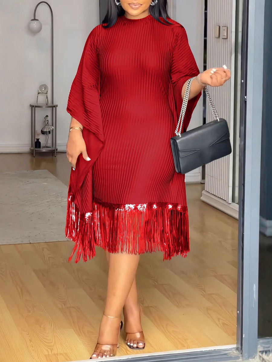 Fashion Sequin Fringe Bat Sleeve Midi Dress