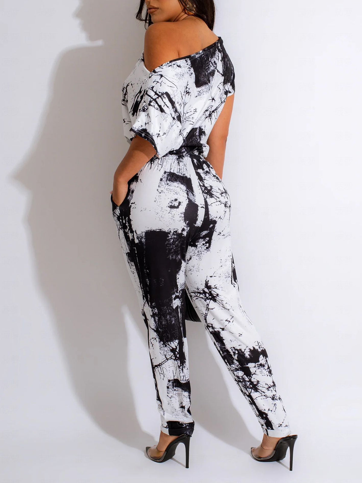 Fashion Print Short Sleeve Slim Jumpsuit