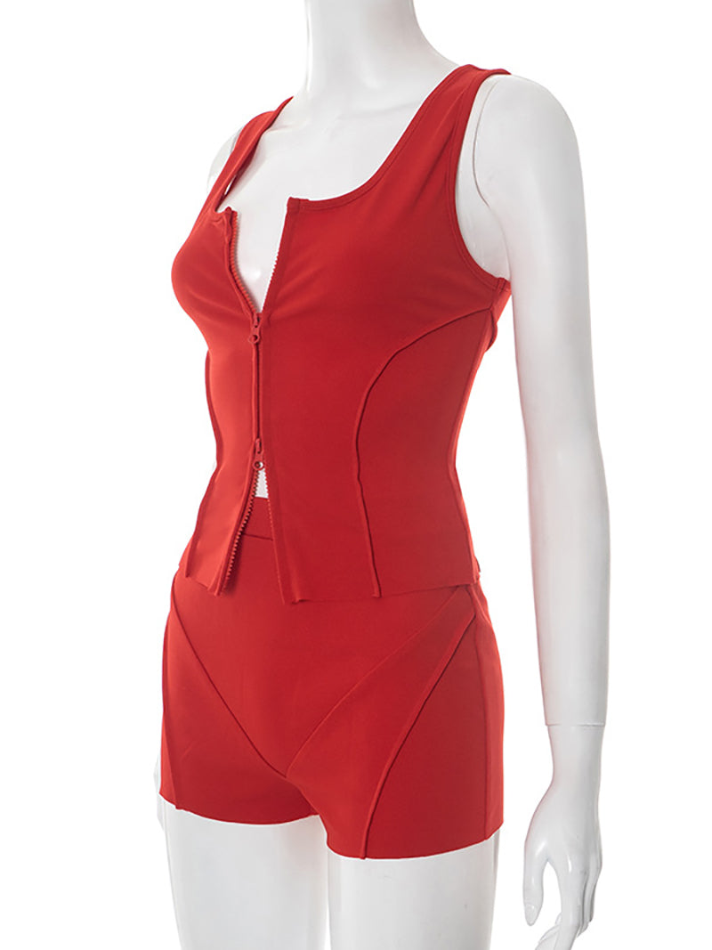 Sexy Sleeveless Zipper Vest Tight Shorts Sports Set