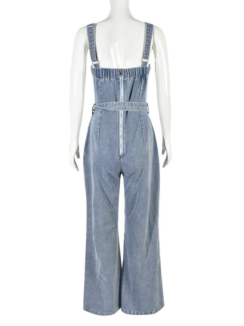 Fashion Bandage Ripped Denim Jumpsuit