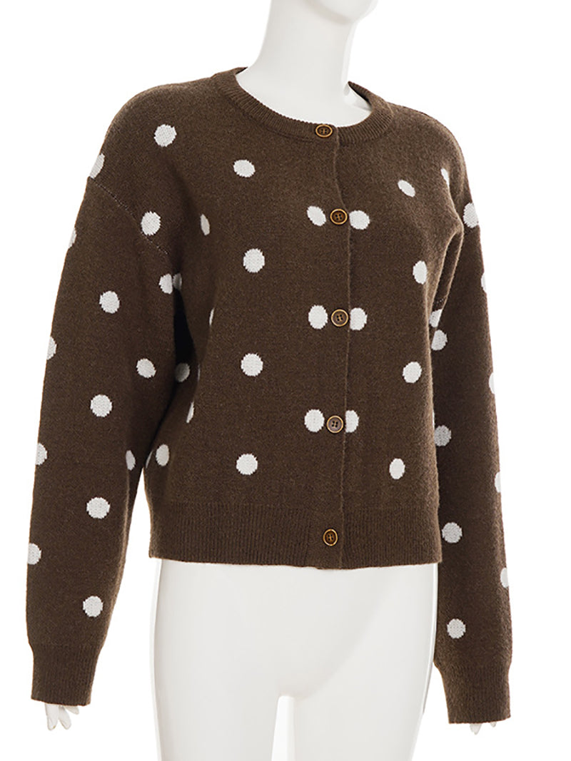 Fashion Round Neck Polka Dot Knit Cardigan Sweater
