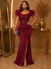 Feather Sequin High Slit Evening Dress