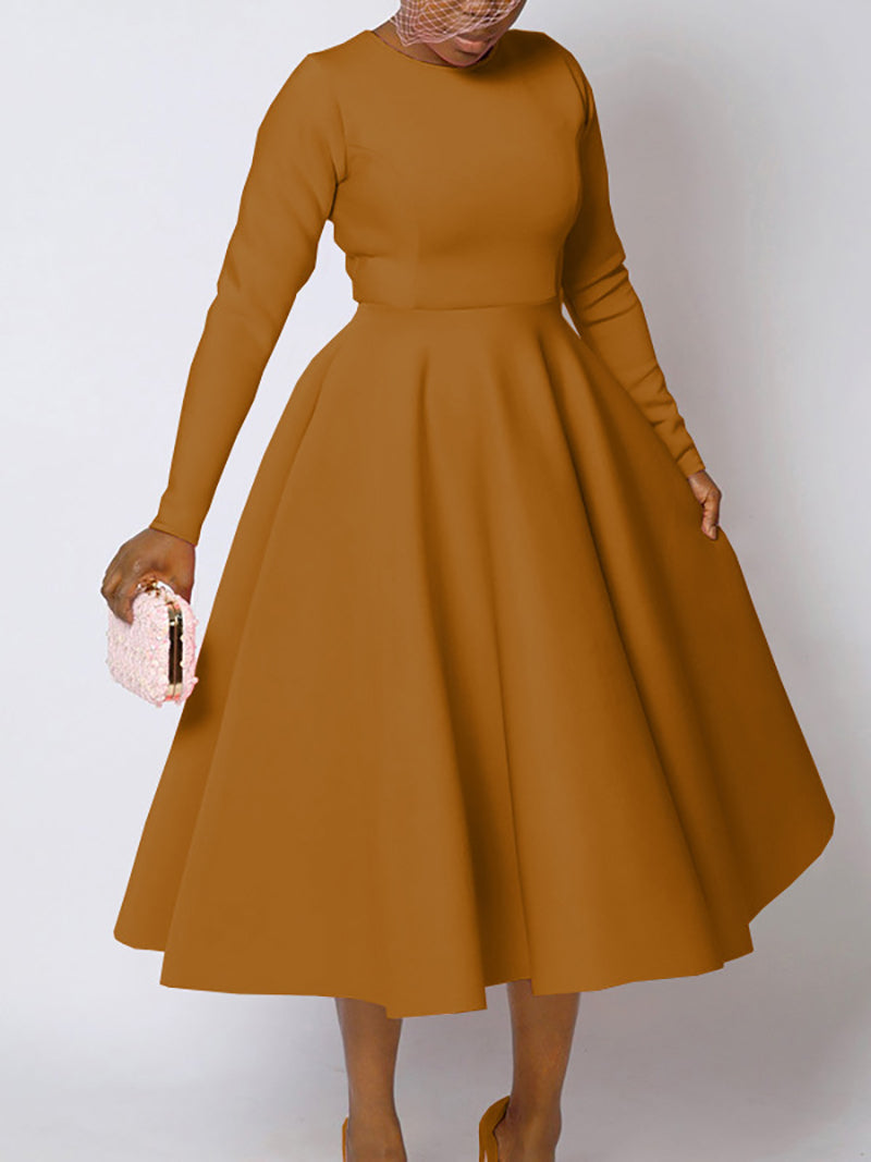 Elegant Round Collar Cinched Waist A-Line Dress