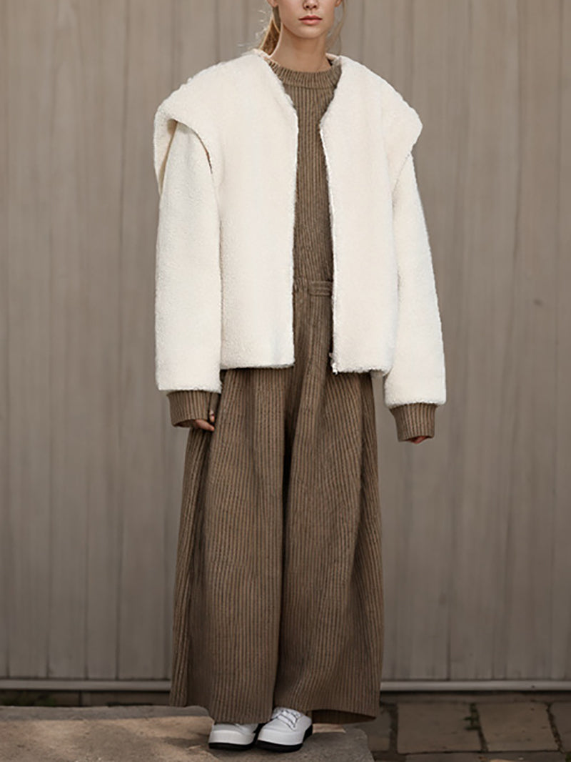 Fluff Lambwool V Neck Loose Zipper Coats