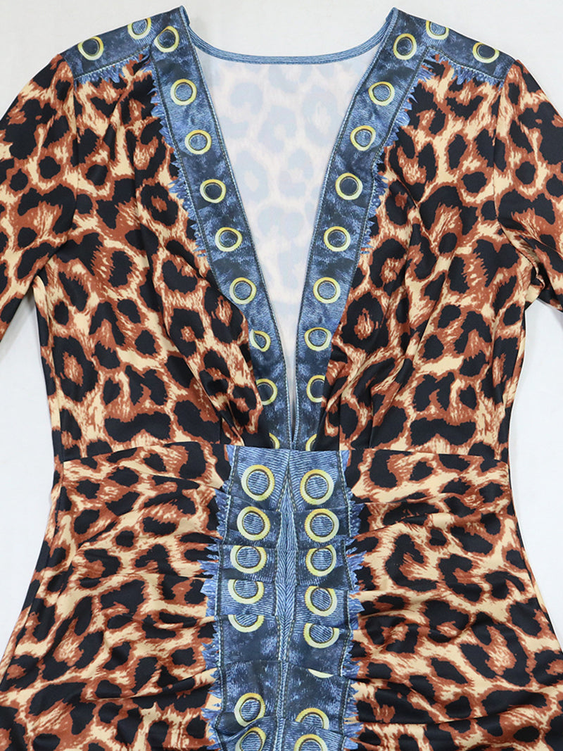 Deep V Neck Leopard Print Package Hip Dress