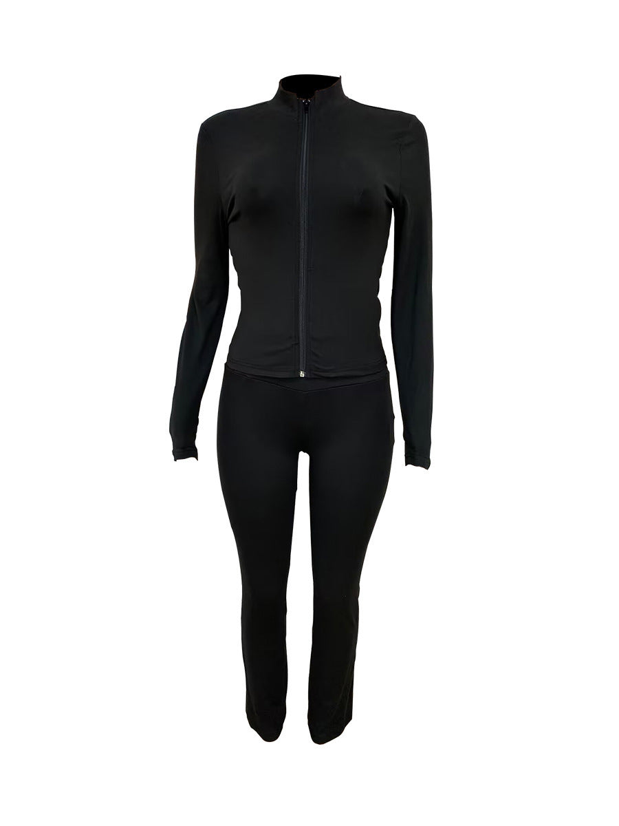 Casual Zip Up Top Slim Flared Leggings Sets