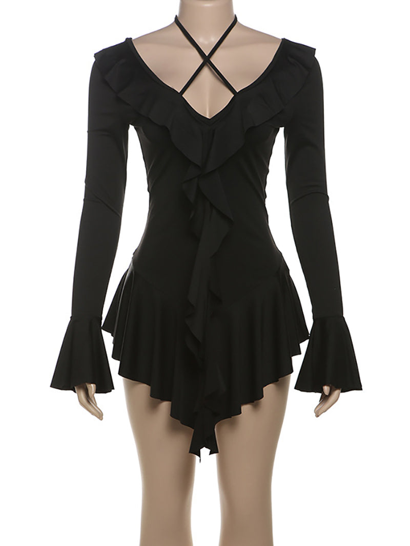 Sexy Ruffle Lace-Up Slim Hem Trim Mini Dress