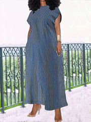 Casual Round Neck Striped Oversized Loose Denim Dress