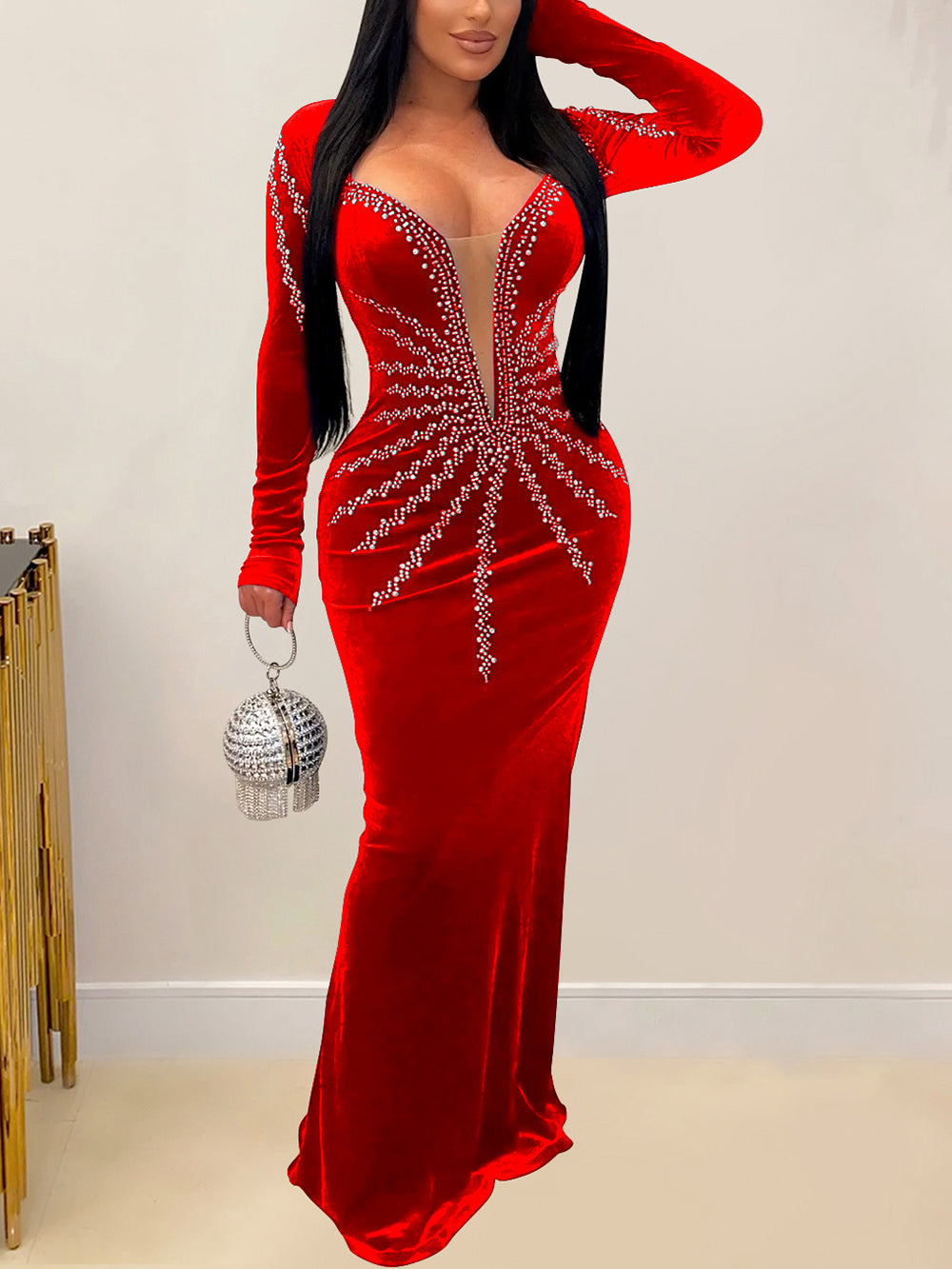 Sexy Rhinestone Slim Maxi Dress