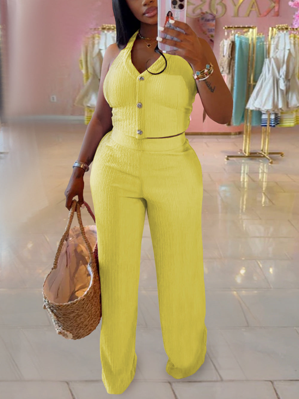 Casual Halter Sleeveless Bandage Trousers Two Piece Set
