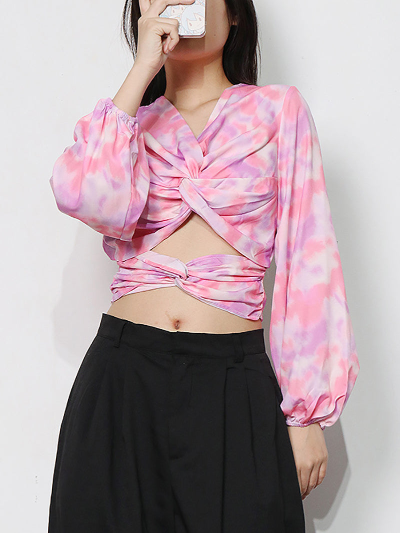 Casual Print Slim Hollow Out Backless Cropped Shirt
