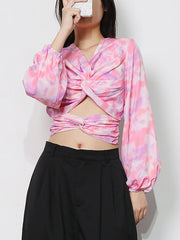 Casual Print Slim Hollow Out Backless Cropped Shirt