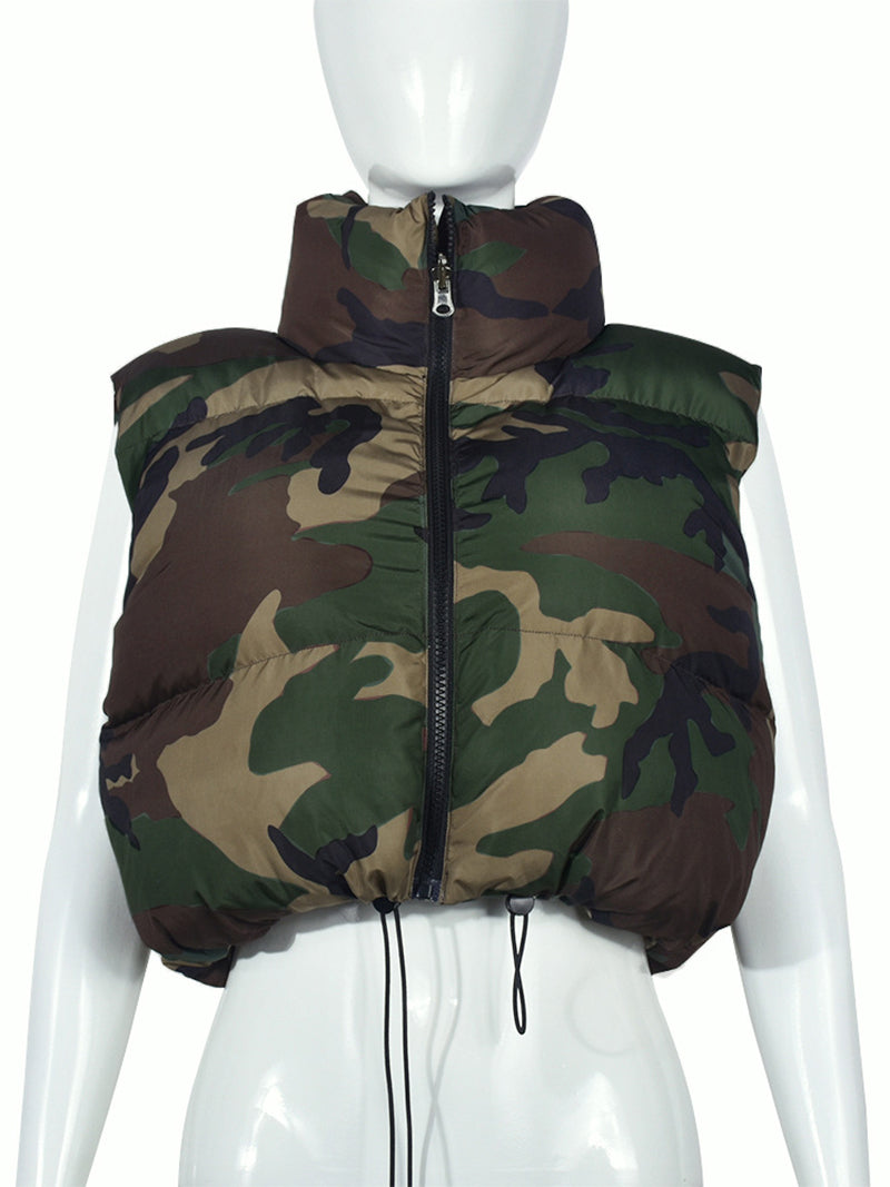 Casual Camouflage Print Patchwork Puffer Vest