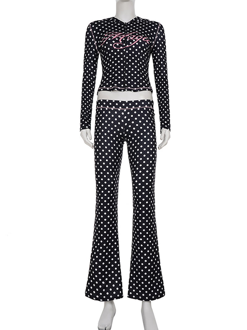 Sexy Polka Dot Hooded Cropped Top Flare Pants Sets