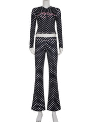 Sexy Polka Dot Hooded Cropped Top Flare Pants Sets