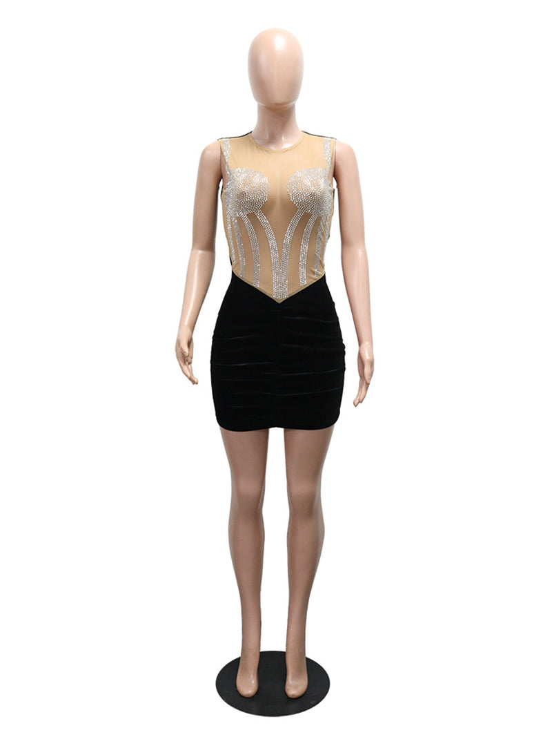 Rhinestone Mesh Patchwork Velvet Package hip Dress