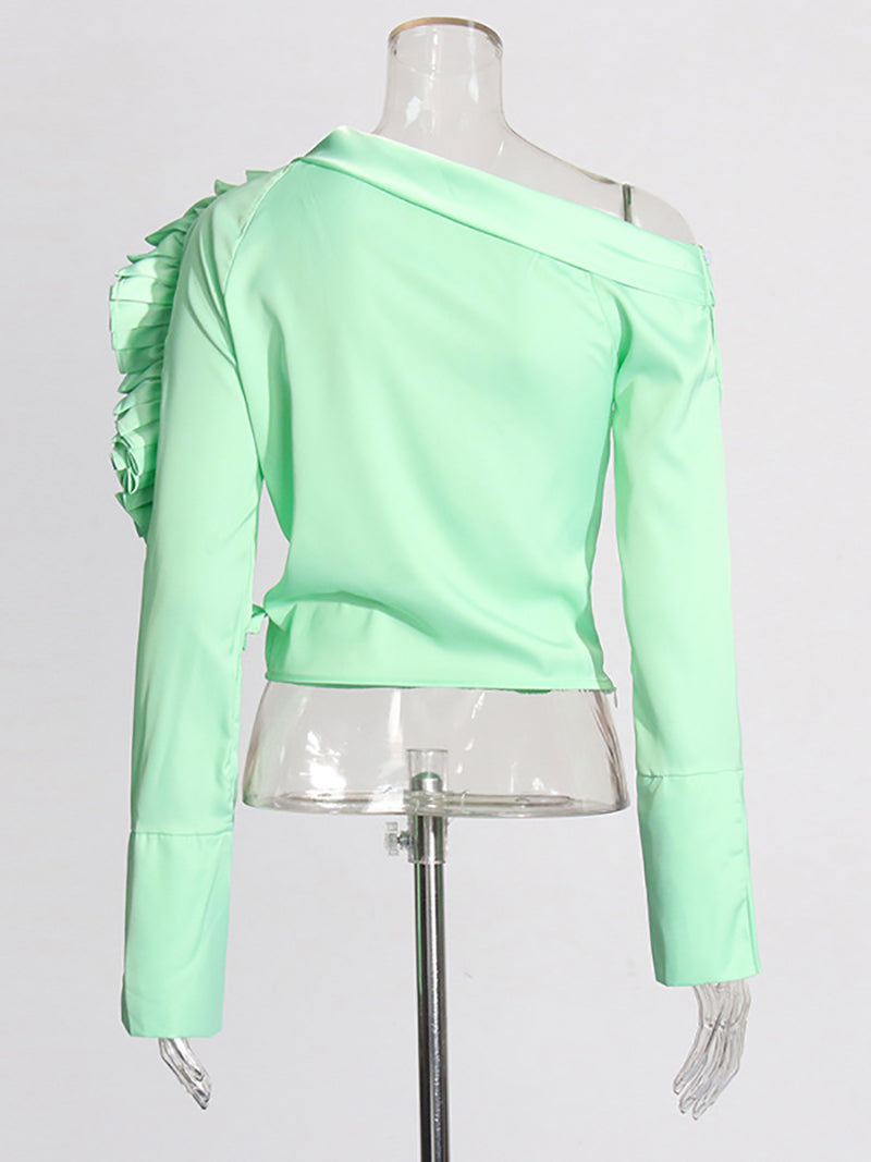 Fashion Ruffle Rosette Applique One Shoulder Shirt