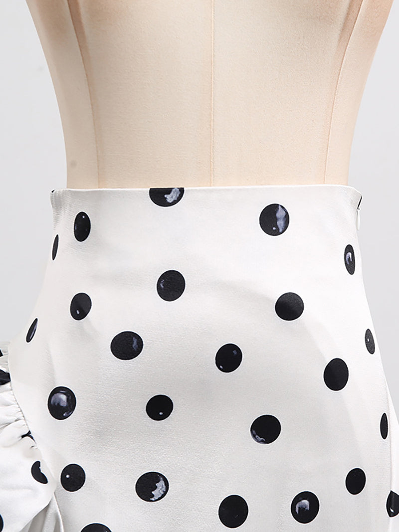 Elegant Polka Dot Print Ruffles High Waist Long Skirt