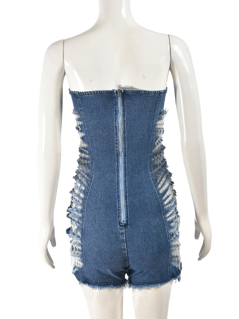 Sexy Distressed Denim Strapless Romper