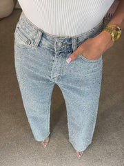 Casual High Waist Rhinestone Straight Leg Jeans