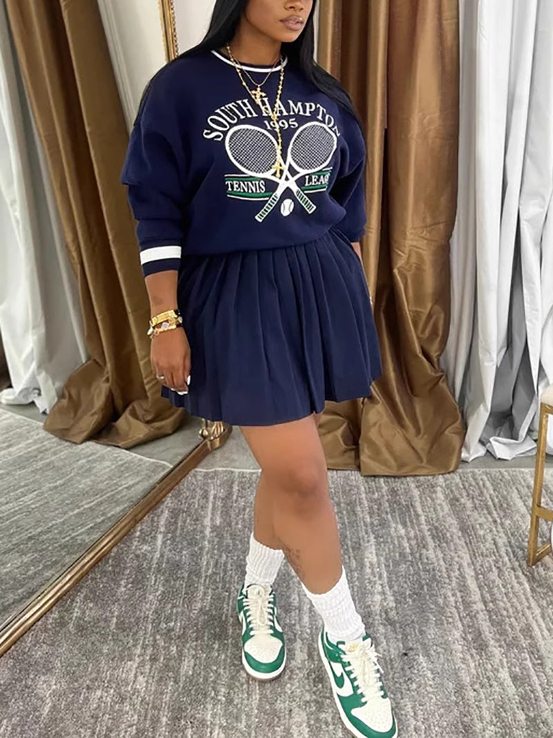 Casual Print Sweatshirt And Skirt Set