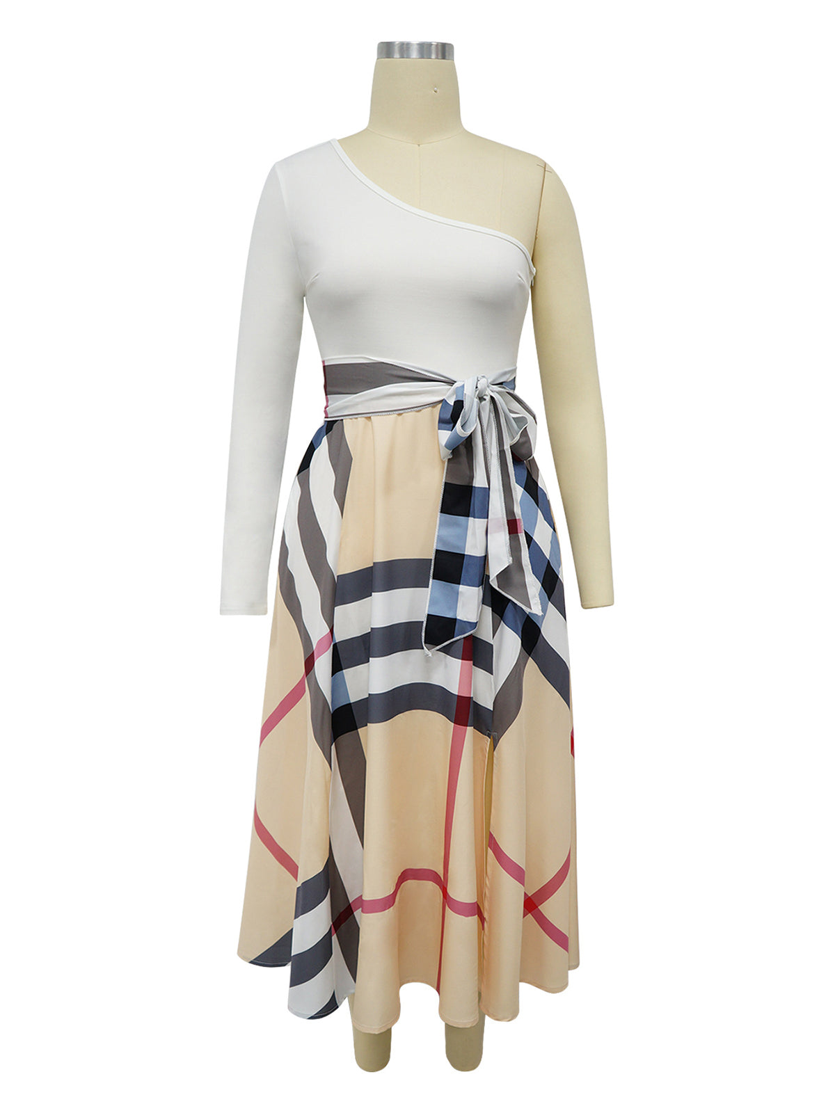 Causal One Shoulder Plaid Print High Waist Slit Dress