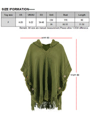 Fringe Trim Buttoned Hooded Poncho