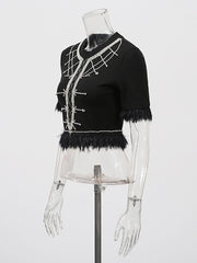 Elegant Round Neck Spliced Diamond Tassels T-shirt