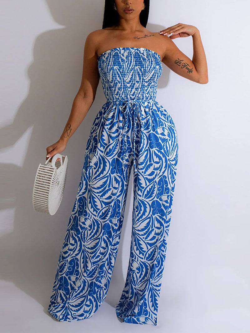 Fashion Strapless Print Wide leg Jumpsuit