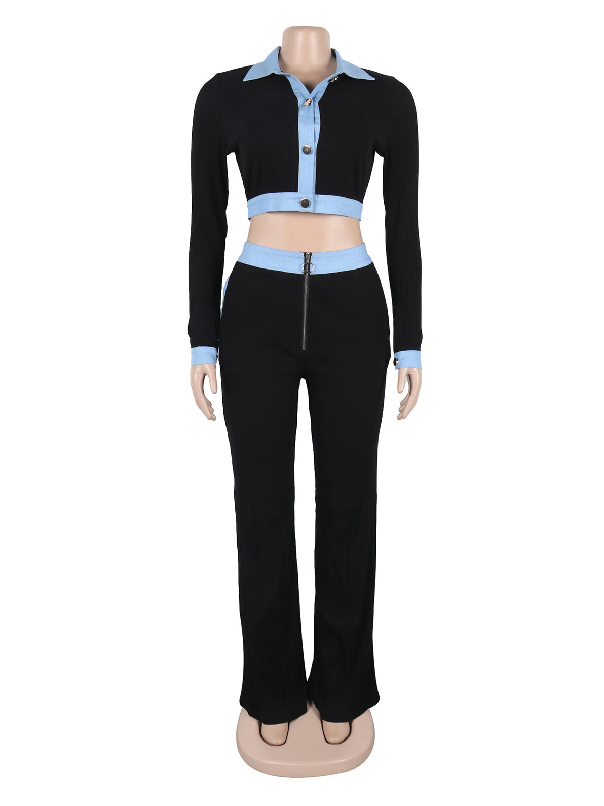 Casual Patchwork Lapel Knit Crop Tops And Pants Sets