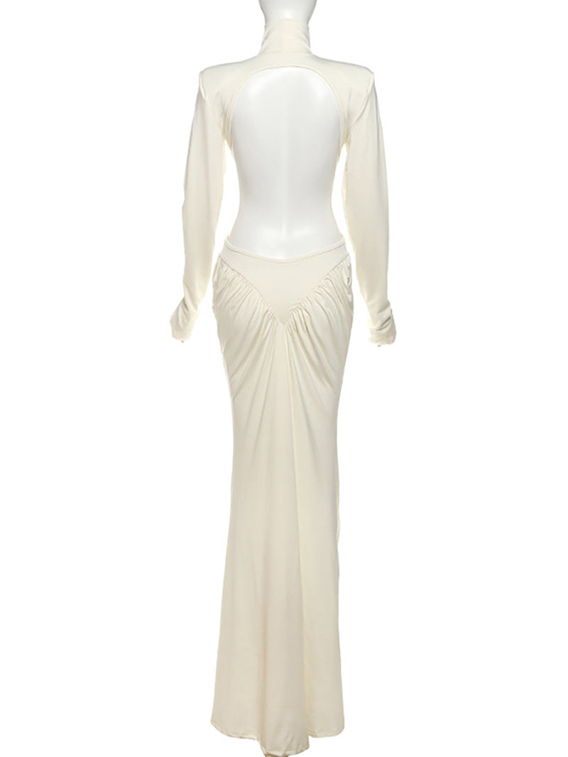 Elegant High Collar Cutout Ruched Maxi Dress