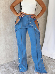 Casual High Waist Side Button Down Split Straight Jeans