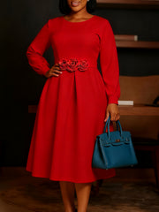 Round Neck Long-Sleeve Floral Embellishment Midi Dress
