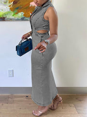 Fashion Sleeveless Cinched Waist Denim Dress