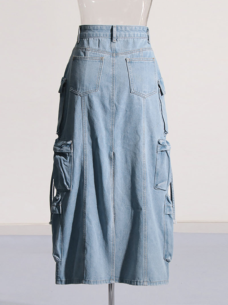 Casual Multi-pocket Cargo Denim Skirt