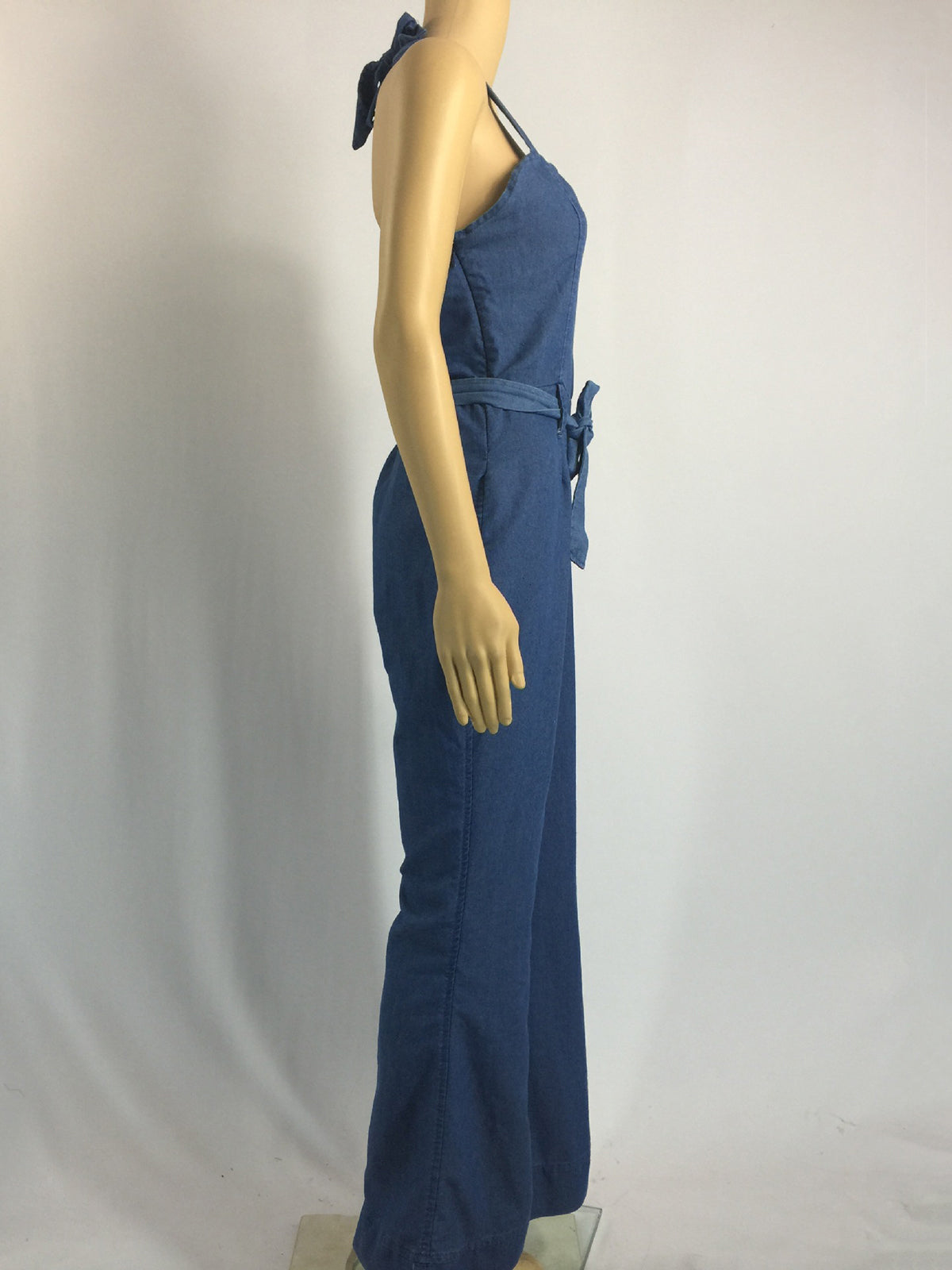 Sexy Sleeveless Slim Denim Halter Belt Jumpsuit