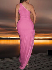 Rhinestones Fringe Inclined Shoulder Sleeveless Dress