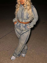 Fashion Zipper Crop Jacket And Straight Leg Jeans Sets