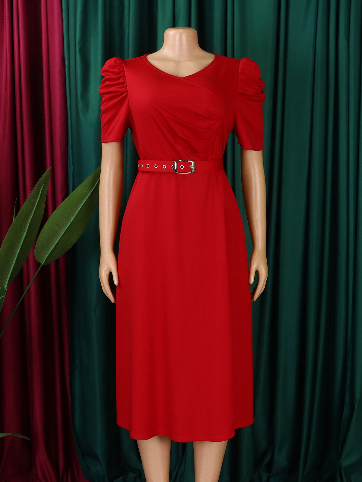 Casual V-neck High Waist Pleated Hem Midi Dress