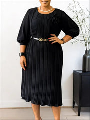 Belted Crew Neck Pleated Midi Dress