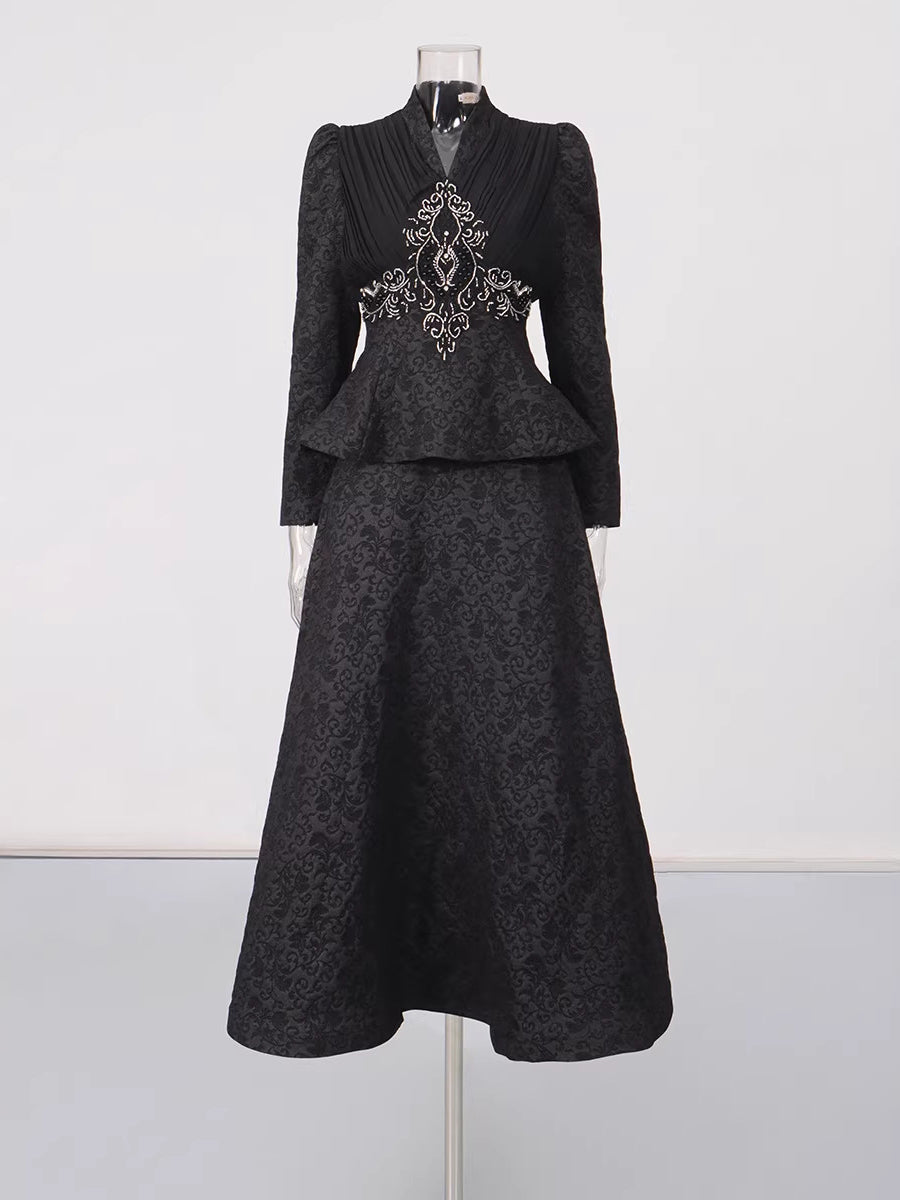 Vintage V Neck Ruffle Jacket Maxi Skirt Set
