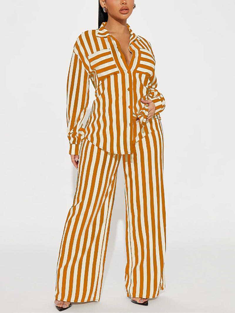 Plus Size Long Sleeve Stripe Shirt Wide Leg Pants Sets